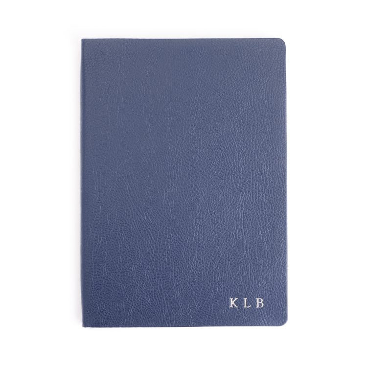 Midnight navy leatherbound notebook with silver monogram