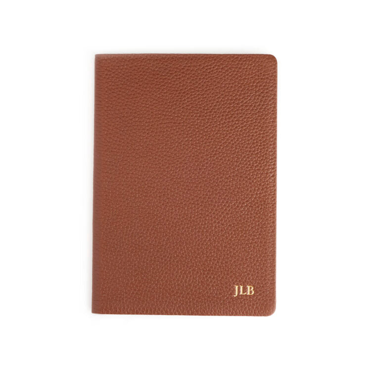 Saddle tan leatherbound notebook with gold monogram